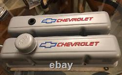 1958-86 Sbc Small Block Chevy Silver Bowtie Valve Covers Tall 327 350 383 400