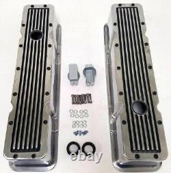 1958-86 Small Block Chevy Polished Aluminum & Black Retro Finned Valve Covers +