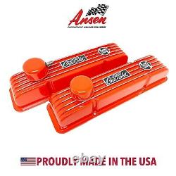 350 Small Block Chevy Chevrolet Orange Classic Finned Valve Covers Ansen USA