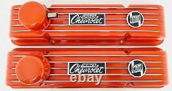 350 Small Block Chevy Chevrolet Orange Classic Finned Valve Covers Ansen USA