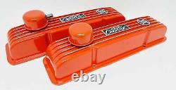 350 Small Block Chevy Chevrolet Orange Classic Finned Valve Covers Ansen USA