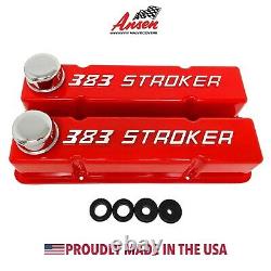 383 STROKER Chevy Valve Covers Red SBC Tall Raised Logo Ansen USA