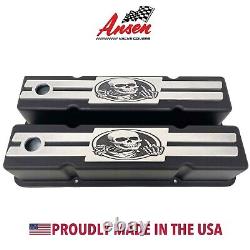 383 Small Block Chevy Tall Valve Covers (Black) Custom Skeleton Billet Top