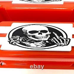 383 Small Block Chevy Tall Valve Covers (ORANGE) Custom Skeleton Billet Top