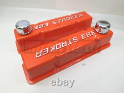 383 Stroker Logo Small Block Chevy Orange Aluminum Valve Covers with Breathers