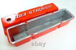 383 Stroker Logo Small Block Chevy Orange Aluminum Valve Covers with Breathers