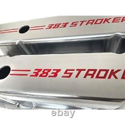 383 Stroker Small Block Chevy Tall Valve Covers Engraved Red Logo Polished