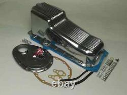 58-79 SBC Small Block Chevy Polish Finn Aluminum Oil Pan Gasket Timing Cover Kit