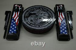 American Flag Set Black Chevy SB Tall Valve Covers Breather PVC Gaskets