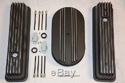 BLACK Small Block Chevy Tall Finned Center Bolt Valve Covers + Air Cleaner 350