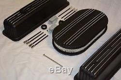 BLACK Small Block Chevy Tall Finned Center Bolt Valve Covers + Air Cleaner 350