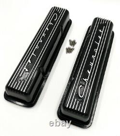 Black Finned Chevrolet Script Valve Covers For Small Block Chevy No Holes