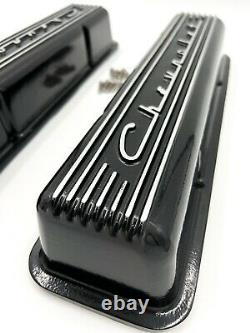 Black Finned Chevrolet Script Valve Covers For Small Block Chevy No Holes
