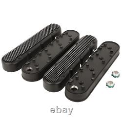 Black LS Finned Cast Aluminum Valve Covers For Chevy Small Block SB V8 293 325
