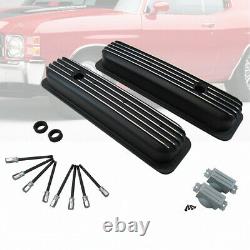 Black Short Finned Center Bolt Valve Covers TBI Fits Small Block Chevy 350 450