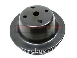 Black Small Block Chevy LWP Pulley Kit 2Groove Upper 3Lower 2 Power Steering SBC
