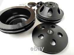 Black Small Block Chevy SBC 350 400 Aluminum Pulley Kit V-Belt Long Water Pump