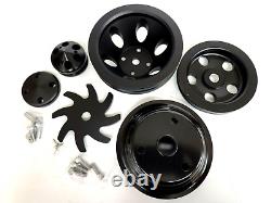 Black Small Block Chevy SBC 350 400 Aluminum Pulley Kit V-Belt Long Water Pump