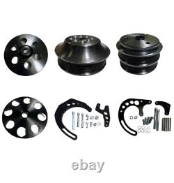 Black Small Block Chevy Serpentine Pulley Kit For Camel Hump Fuelie Heads 8 Rib