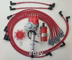 CHEVY 327 350 SMALL HEI DISTRIBUTOR + RED 45K COIL + 8.5mm WIRES UNDER EXHAUST