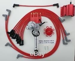 CHEVY SMALL BLOCK RED Small Cap HEI Distributor + Coil +PLUG WIRES under exhaust