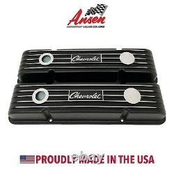 Chevrolet Script Valve Covers for Small Block Chevy Finned Black Ansen USA