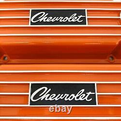 Chevrolet Script Valve Covers for Small Block Chevy Finned Orange Ansen USA