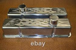 Chevrolet Skull Flames SB TALL Valve Covers Breathers PCV Chevy 350 383 400 283