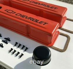 Chevrolet Steel Valve Covers Orange Tall Chevy Engine Dress Up Kit 283-400 NEW