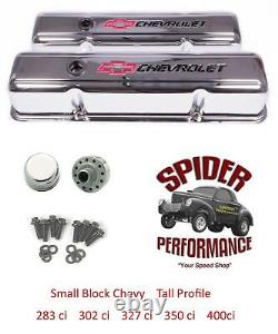 Chevy 283 327 305 350 400 small block tall valve cover kit BOWTIE CHROME STEEL