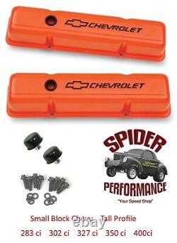 Chevy 283 327 305 350 400 small block tall valve cover kit BOWTIE ORANGE STEEL