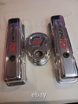Chevy Engine Small Block Tall Valve Covers Timing Chain Cover Chevrolet Emblem
