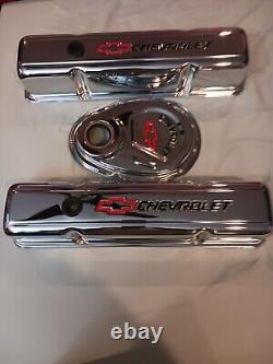 Chevy Engine Small Block Tall Valve Covers Timing Chain Cover Chevrolet Emblem