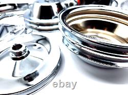 Chevy Small Block SBC Complete Chrome Steel Pulley, Bracket & Pump Kit Long Pump