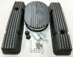 Classic Finned SB Chevy Black Aluminum Short Valve Cover Air Cleaner Kit SBC 350