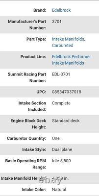 Edelbrock 3701 Performer Small Block Chevy 350 305 5.7 5.0 Aluminum 4bbl Barrel