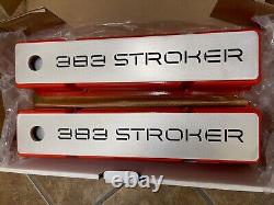 Orange 383 Stroker Small Block Chevy Tall Valve Covers- Black Logo Billet Top