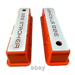 Orange 383 Stroker Small Block Chevy Tall Valve Covers- Black Logo Billet Top
