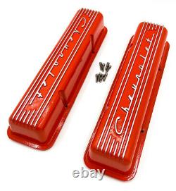Orange Finned Chevrolet Script Valve Covers For Small Block Chevy No Holes