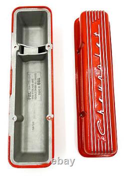Orange Finned Chevrolet Script Valve Covers For Small Block Chevy No Holes