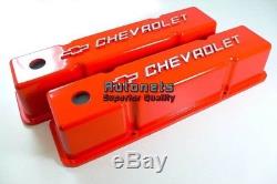 Orange cast Aluminum Valve Cover Small Block Chevy Bowtie Logo 283 305 327 350
