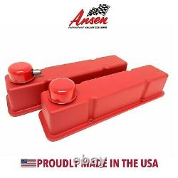 Red Small Block Chevy Tall Valve Covers with Matching Breathers and Grommets