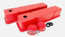 Red Small Block Chevy Tall Valve Covers with Matching Breathers and Grommets