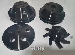SBC Small Block Chevy 283 327 350 400 Black Alum Long Water Pump LWP Pulley Kit