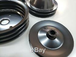 SBC Small Block Chevy 2 / 3 Groove Black Steel Short Water Pump Pulley Kit 350