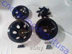 SBC Small Block Chevy 350 2/3 Groove Black Aluminum Long Water Pump Pulley Kit