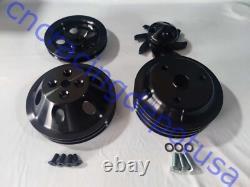 SBC Small Block Chevy 350 2/3 Groove Black Aluminum Long Water Pump Pulley Kit