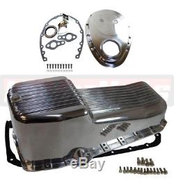 SBC Small Block Chevy Finned Aluminum Oil Pan Gasket Polished Timing Cover Kit