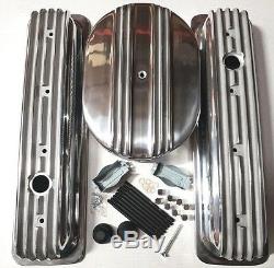 SB Chevy Polished Aluminum Finned Short Center Bolt Valve Covers With Air Cleaner