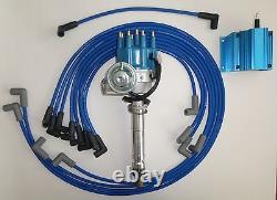 SMALL BLOCK CHEVY 350 BLUE Small Cap HEI Distributor + Coil +WIRES under exhaust